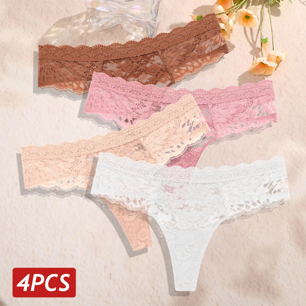 4Pcs/Set Sexy Lace Women's Thong Respirant Taille Basse Floral Femmes Culottes