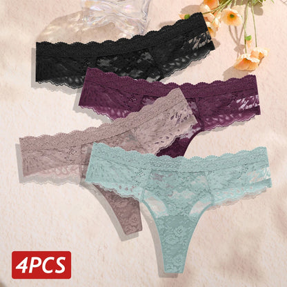 4Pcs/Set Sexy Lace Women's Thong Respirant Taille Basse Floral Femmes Culottes