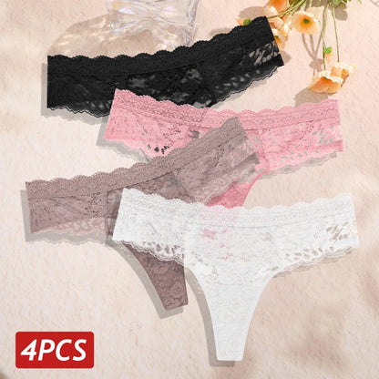 4Pcs/Set Sexy Lace Women's Thong Respirant Taille Basse Floral Femmes Culottes