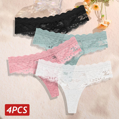 4Pcs/Set Sexy Lace Women's Thong Respirant Taille Basse Floral Femmes Culottes