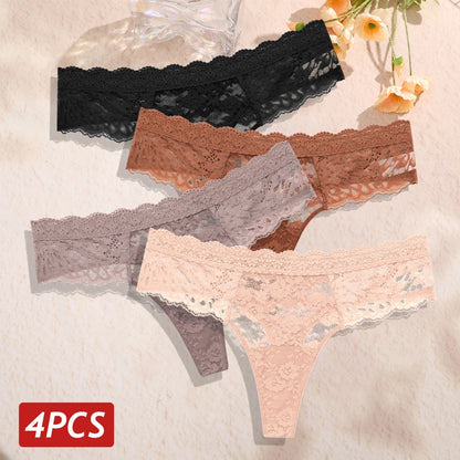 4Pcs/Set Sexy Lace Women's Thong Respirant Taille Basse Floral Femmes Culottes