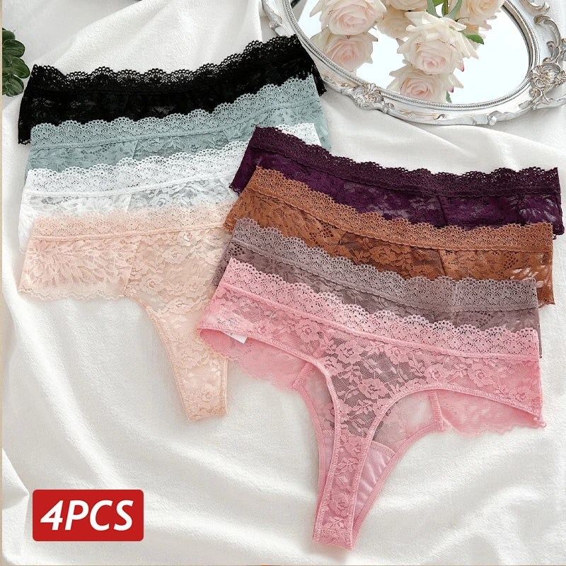 4Pcs/Set Sexy Lace Women's Thong Respirant Taille Basse Floral Femmes Culottes