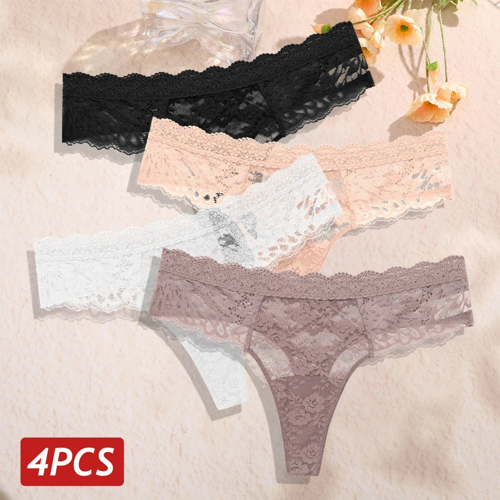 4Pcs/Set Sexy Lace Women's Thong Respirant Taille Basse Floral Femmes Culottes