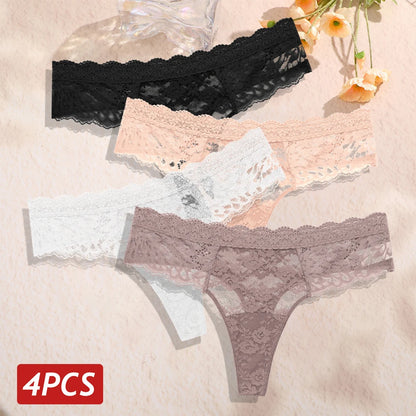 4Pcs/Set Sexy Lace Women's Thong Respirant Taille Basse Floral Femmes Culottes
