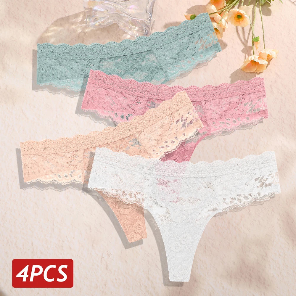 4Pcs/Set Sexy Lace Women's Thong Respirant Taille Basse Floral Femmes Culottes