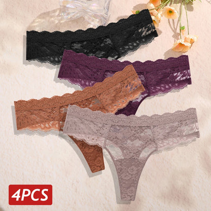 4Pcs/Set Sexy Lace Women's Thong Respirant Taille Basse Floral Femmes Culottes